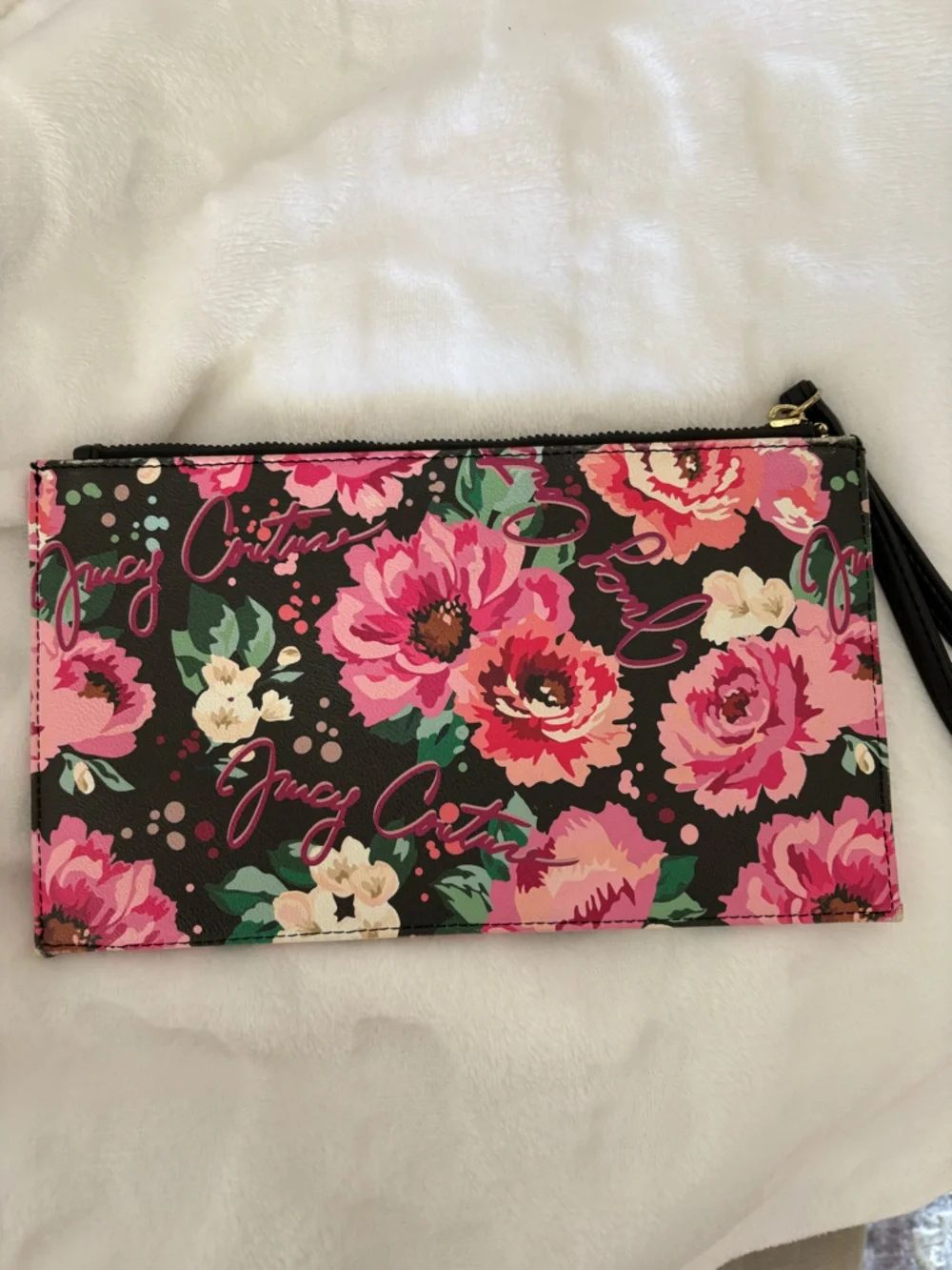 Juicy Couture Black Floral Wristlet Clutch with Pink Roses